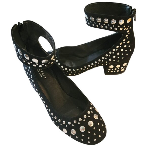 Cecelia New York Black Suede Ankle Strap Studded Block Heels Womens Sz 7 - Picture 2 of 13